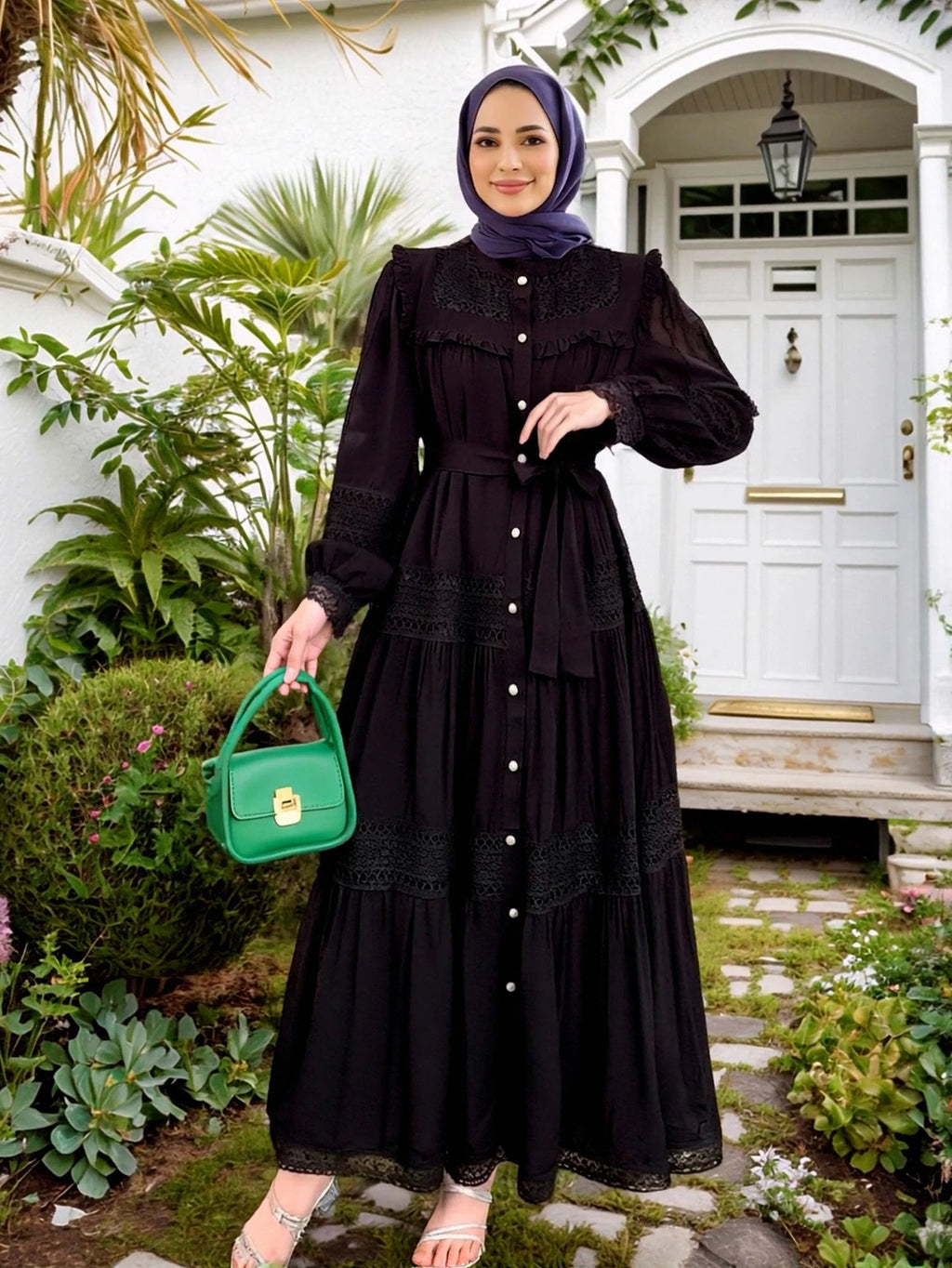 Elegant women's lace dress by Trenches of Mariana featuring intricate lace details, long Moroccan-style Eid abaya for Ramadan occasions.