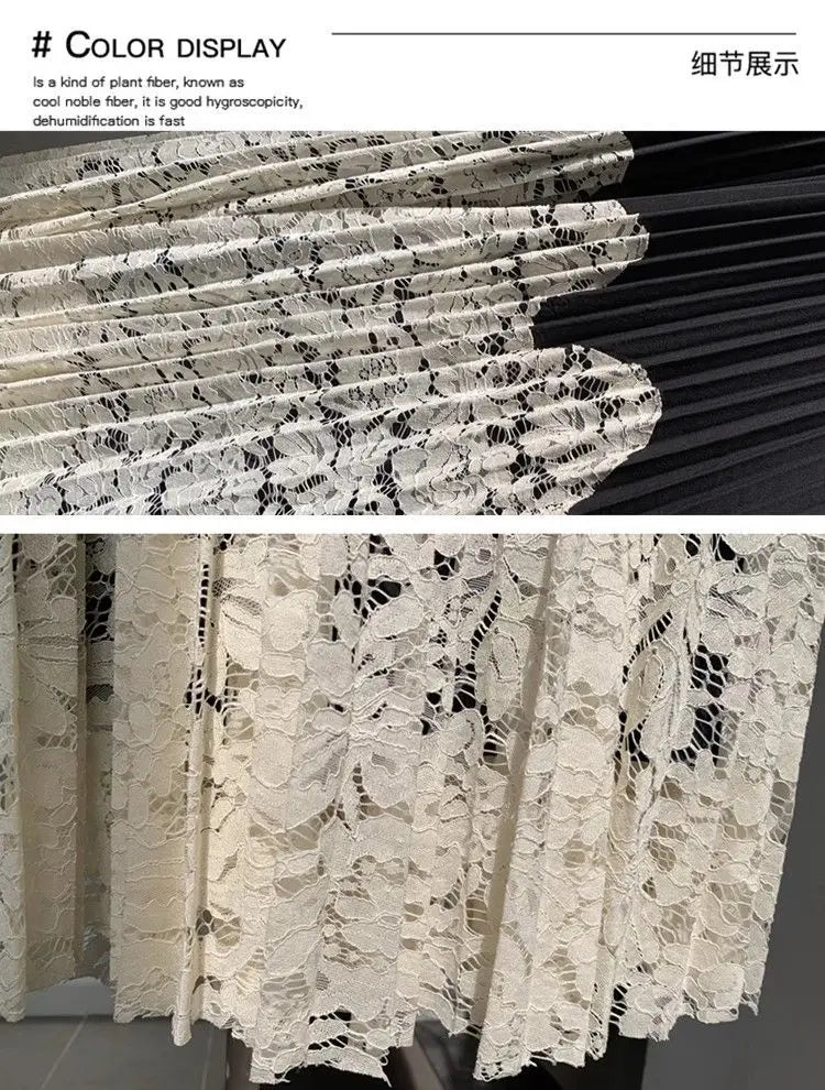 French lace stitching pleated skirt for women by Trenches of Mariana, high waist, long summer cover-up skirt with delicate lace details.