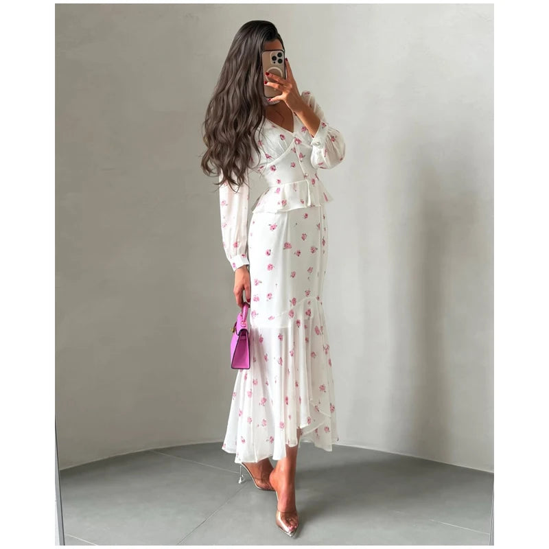 Women Elegant Printed V-neck Dress Chic Lapel Waist Cinched Pleated High Waisted Dresses 2026 Summer New Lady Vacation Gowns by Trenches of Mariana
