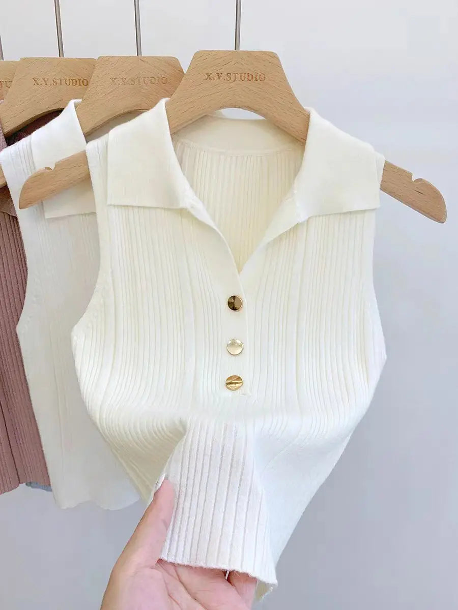 Summer Turn Down Collar Gold Button Slim Knitted Sweater Vests Elegant Knitwear Tank Tops BSTFSC-m1948 by Trenches of Mariana