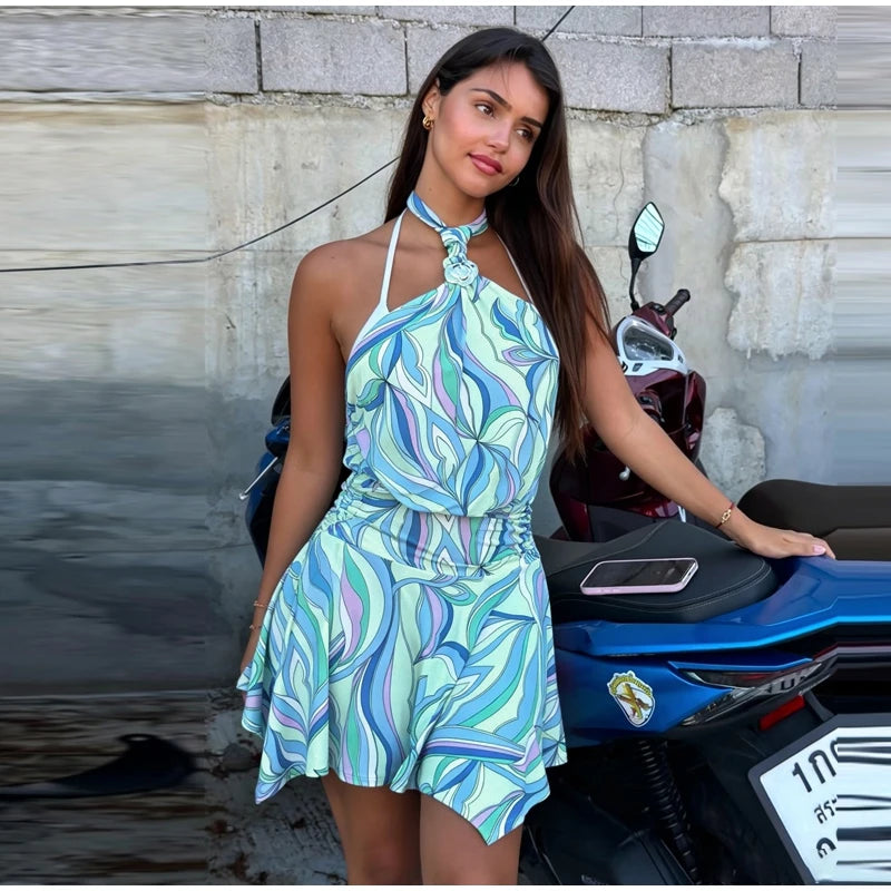Swirl Print Women's Mini Dress Sexy Halter Neck Sleeveless Backless Ruffles Dresses Female 2026 Summer Fashion Beach Vestidos by Trenches of Mariana
