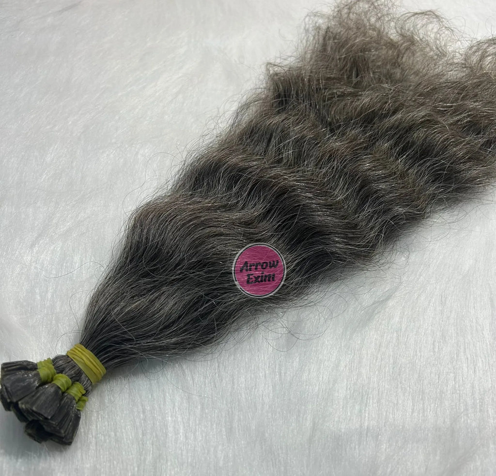Natural Grey Indian Remy Flat Tip Dark Curly Single Weft Micro-Link Hair Extensions