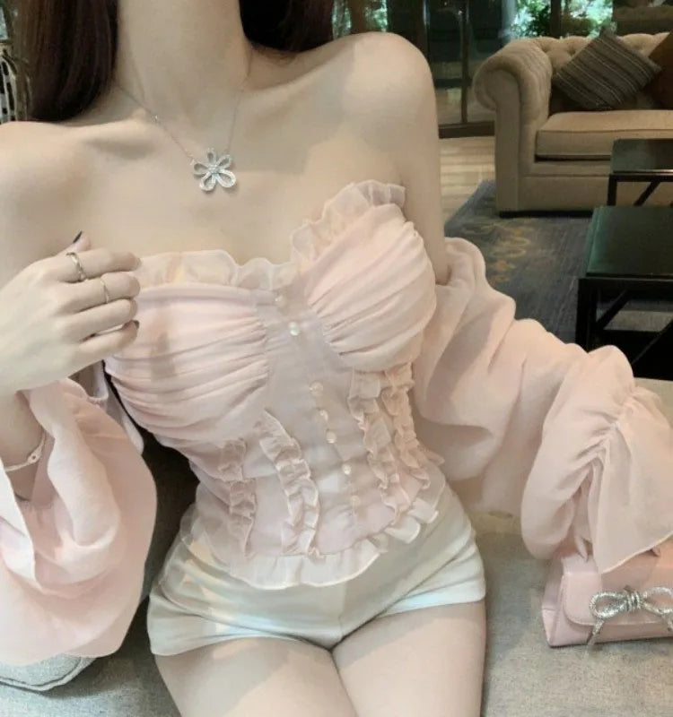 French Lace Shirt Women's New Spring Acetate Satin Premium Design Sense Short Long Sleeve Slim Top Korean Pink Lady Sweet Blouse by Trenches of Mariana