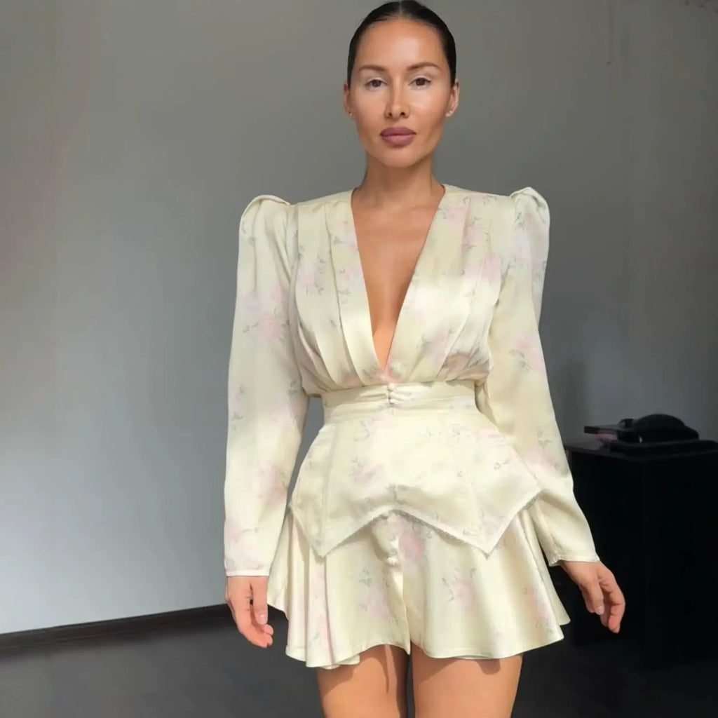 Print Women Dress Deep V Mini Dress Puff Sleeve High Waist Dress Two Piece Outfit With Waistband Elegant Slim Fit Outfit by Trenches of Mariana