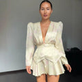 Print Women Dress Deep V Mini Dress Puff Sleeve High Waist Dress Two Piece Outfit With Waistband Elegant Slim Fit Outfit by Trenches of Mariana