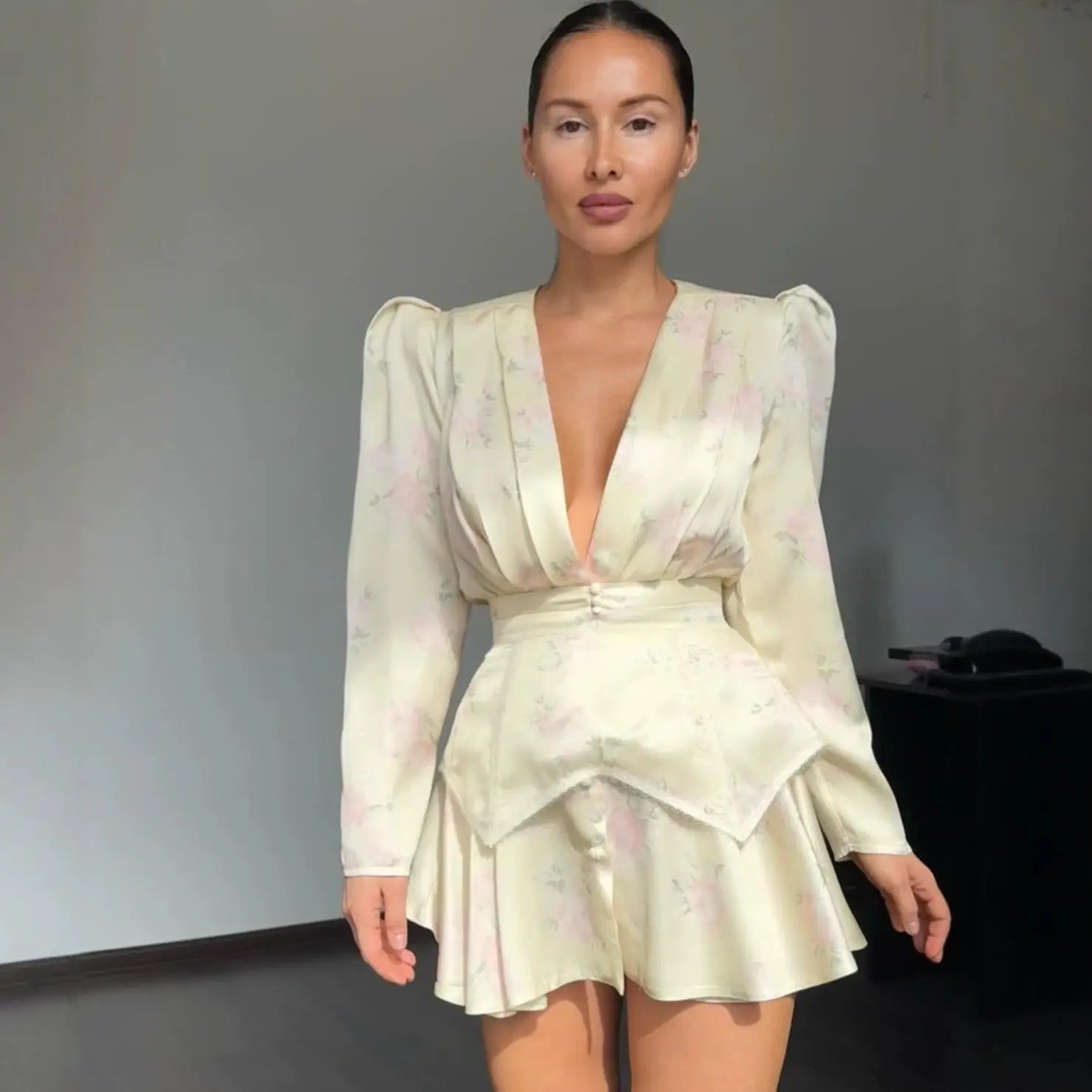 Print Women Dress Deep V Mini Dress Puff Sleeve High Waist Dress Two Piece Outfit With Waistband Elegant Slim Fit Outfit by Trenches of Mariana