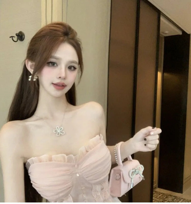 French Lace Shirt Women's New Spring Acetate Satin Premium Design Sense Short Long Sleeve Slim Top Korean Pink Lady Sweet Blouse by Trenches of Mariana