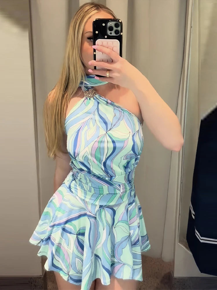 Swirl Print Women's Mini Dress Sexy Halter Neck Sleeveless Backless Ruffles Dresses Female 2026 Summer Fashion Beach Vestidos by Trenches of Mariana