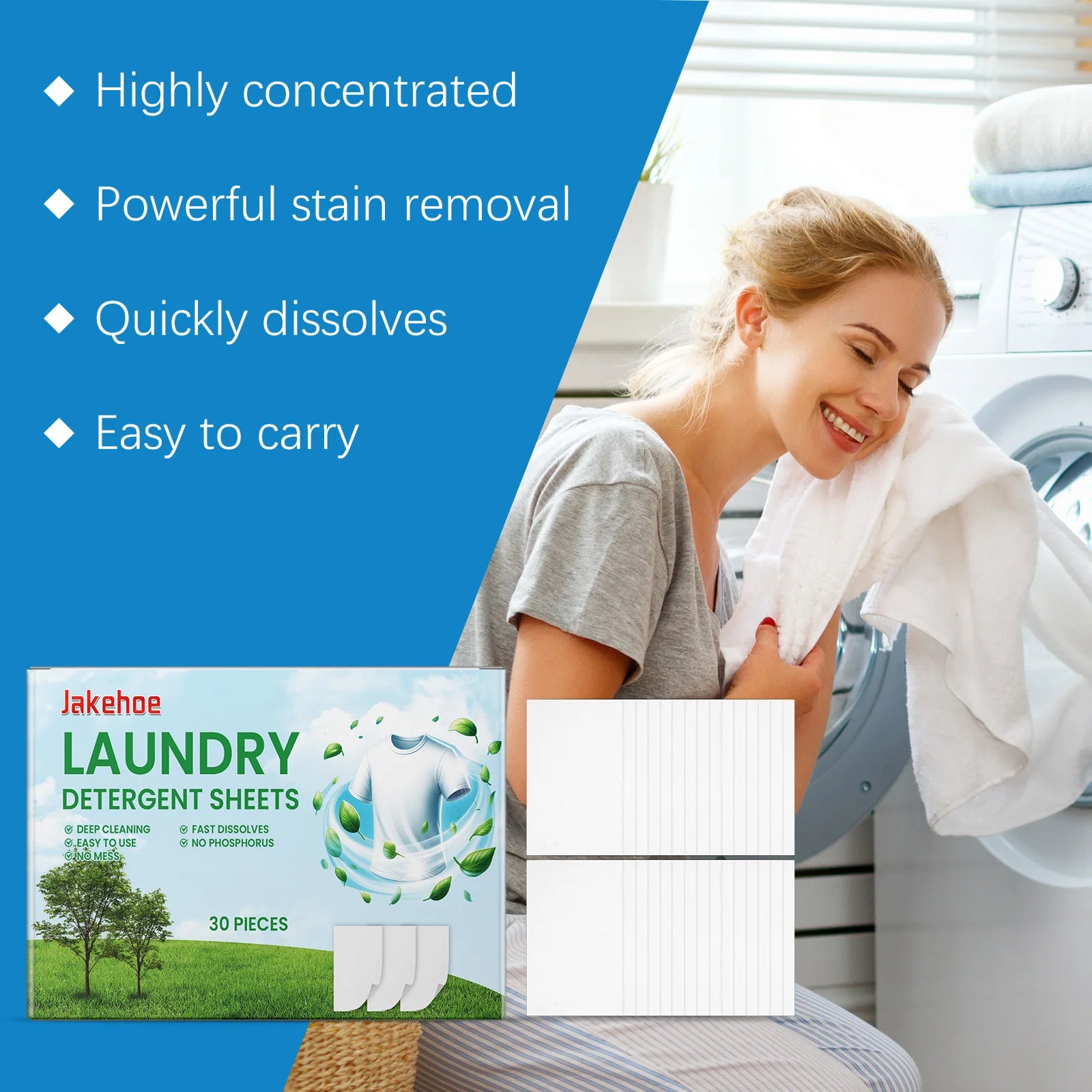 Eco-friendly laundry detergent sheets by Trenches of Mariana, compact cleaning pods with long-lasting fresh scent for sensitive skin.