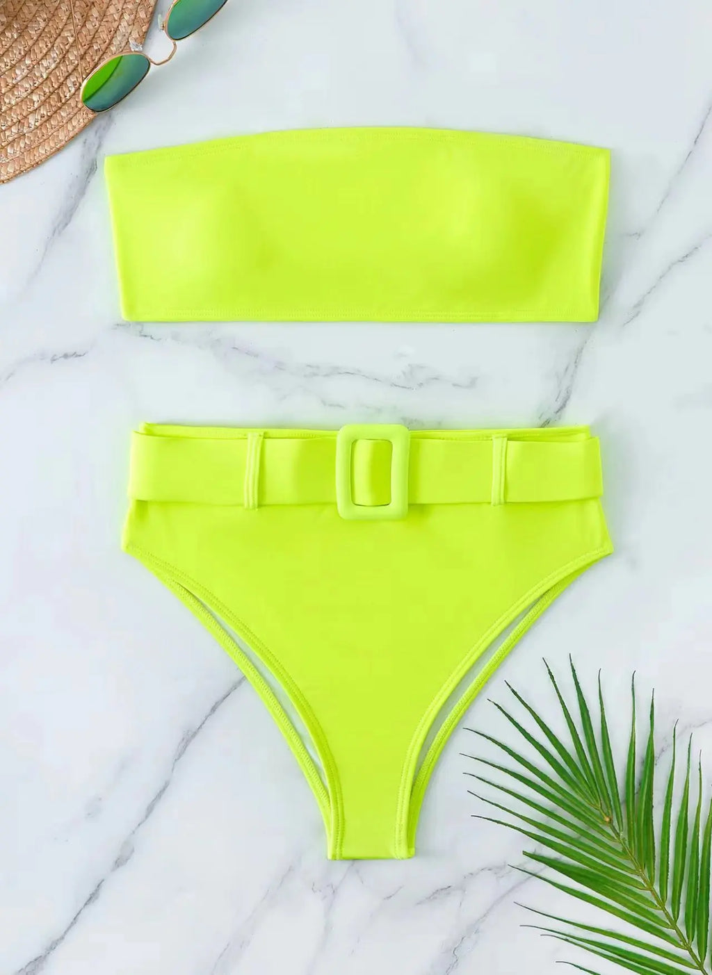 Neon Yellow High Waist Bikini 2026 New Belt Women Sexy Two Piece Swimsuit Push Up