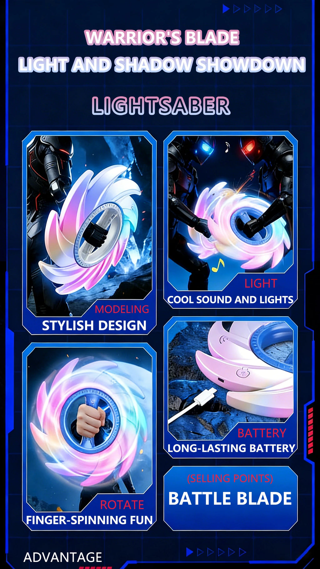Glowing Rotating Lightsaber, Swinging and Spinning Light Saber with Cool Sound & Light Effects, Rechargeable Spinner Toy by Trenches of Mariana