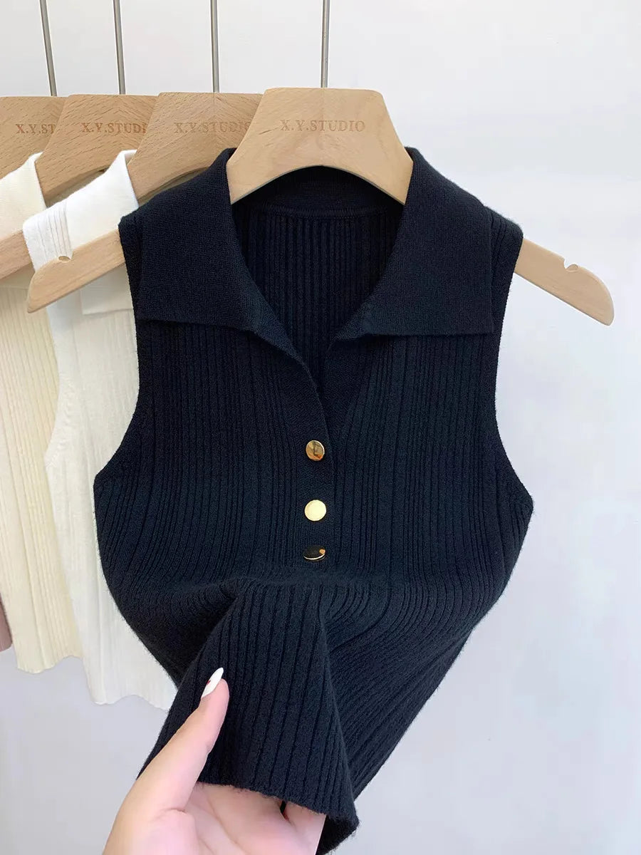 Summer Turn Down Collar Gold Button Slim Knitted Sweater Vests Elegant Knitwear Tank Tops BSTFSC-m1948 by Trenches of Mariana