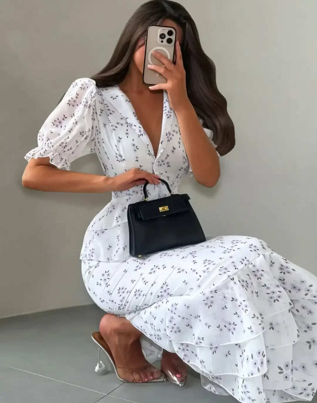 Women Elegant Printed V-neck Dress Chic Lapel Waist Cinched Pleated High Waisted Dresses 2026 Summer New Lady Vacation Gowns by Trenches of Mariana