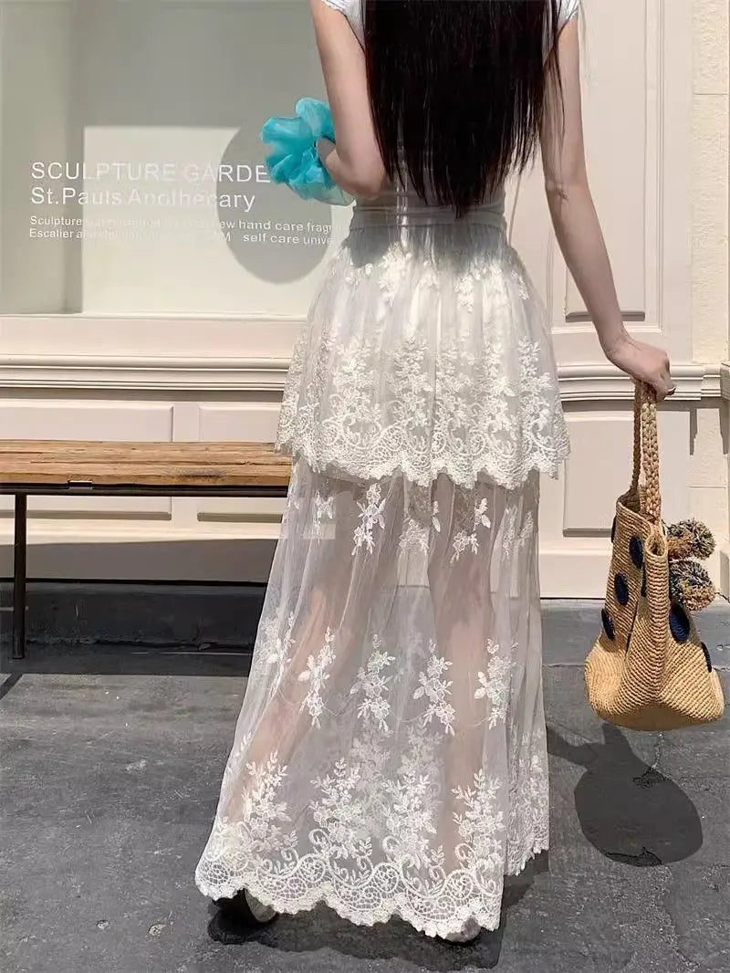 French retro lace skirt for women by Trenches of Mariana, elegant summer A-line skirt with mesh splicing design.