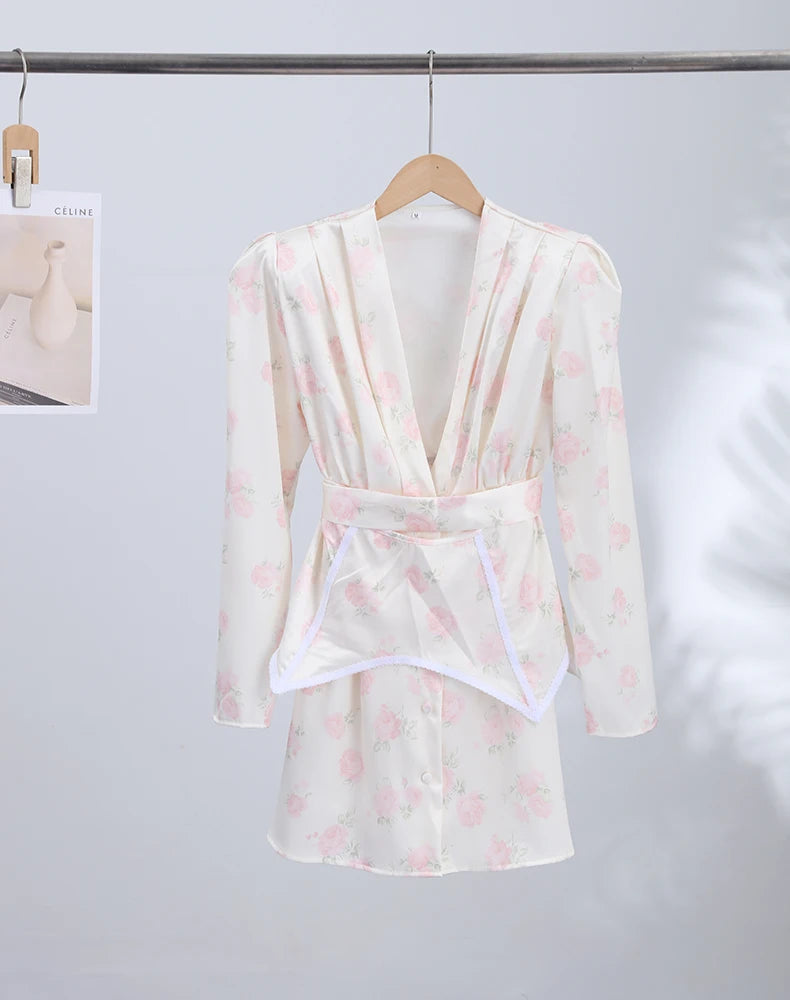 Print Women Dress Deep V Mini Dress Puff Sleeve High Waist Dress Two Piece Outfit With Waistband Elegant Slim Fit Outfit by Trenches of Mariana