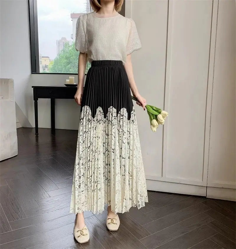 Women’s high waist French lace stitching pleated summer skirt by Trenches of Mariana, long cover-up skirt with elegant design.