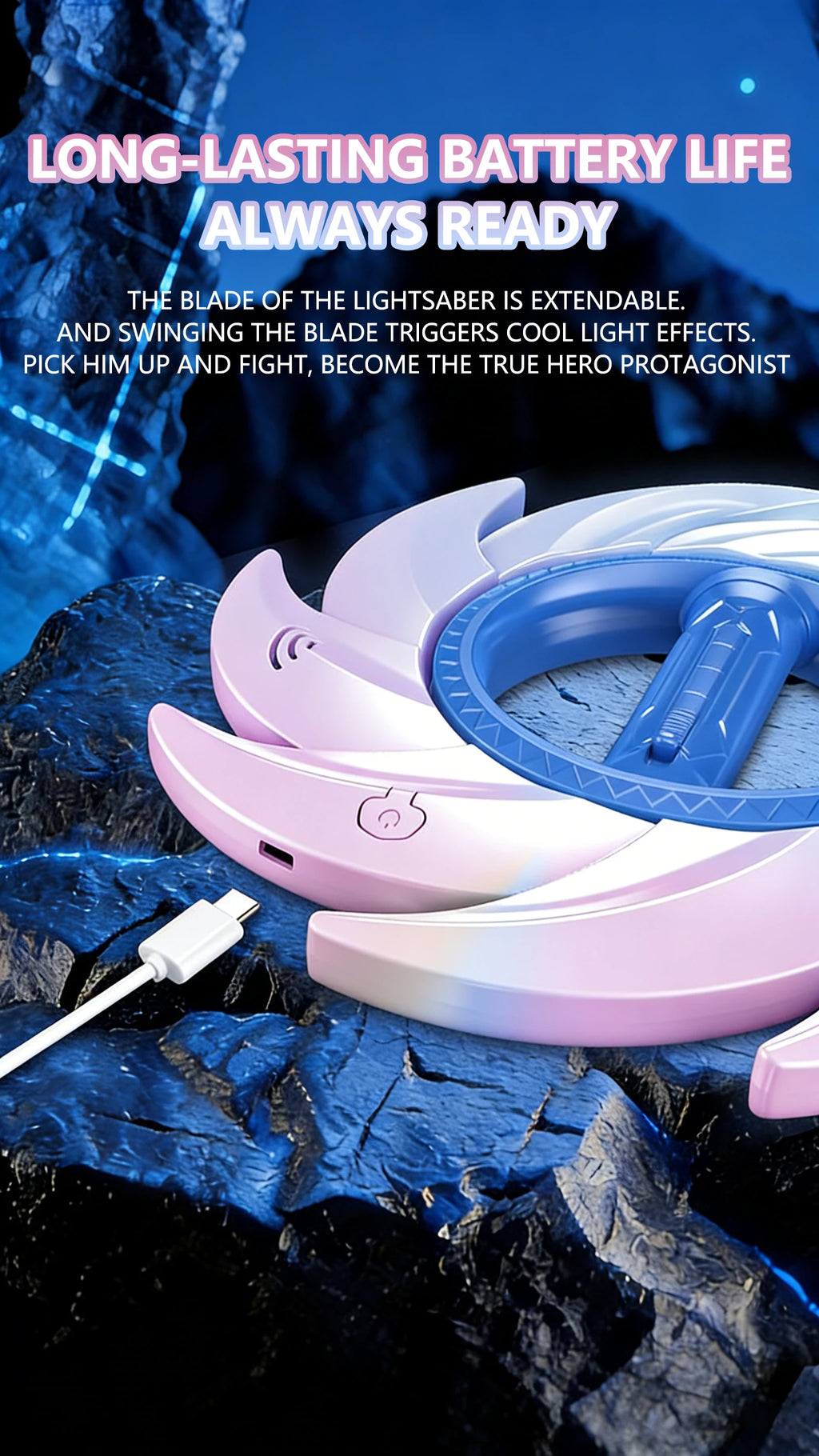 Glowing Rotating Lightsaber, Swinging and Spinning Light Saber with Cool Sound & Light Effects, Rechargeable Spinner Toy by Trenches of Mariana