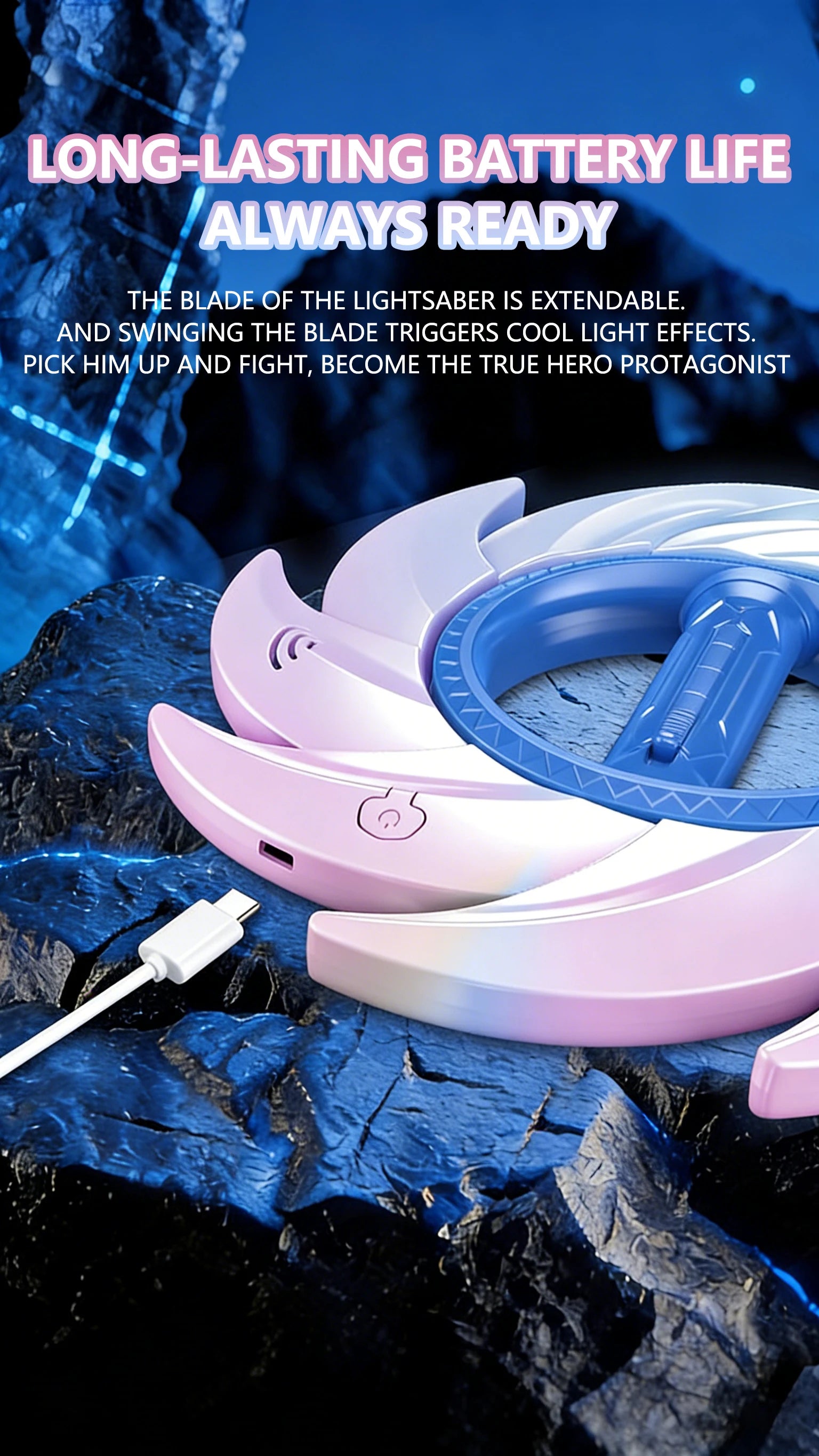 Glowing Rotating Lightsaber, Swinging and Spinning Light Saber with Cool Sound & Light Effects, Rechargeable Spinner Toy by Trenches of Mariana