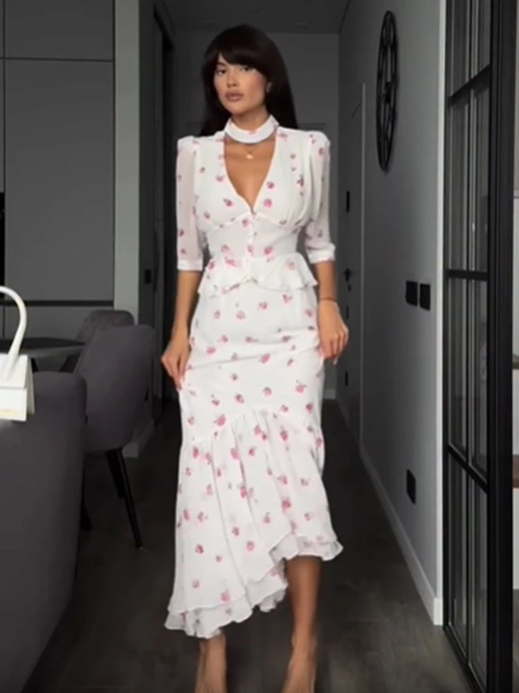 Women Elegant Printed V-neck Dress Chic Lapel Waist Cinched Pleated High Waisted Dresses 2026 Summer New Lady Vacation Gowns by Trenches of Mariana