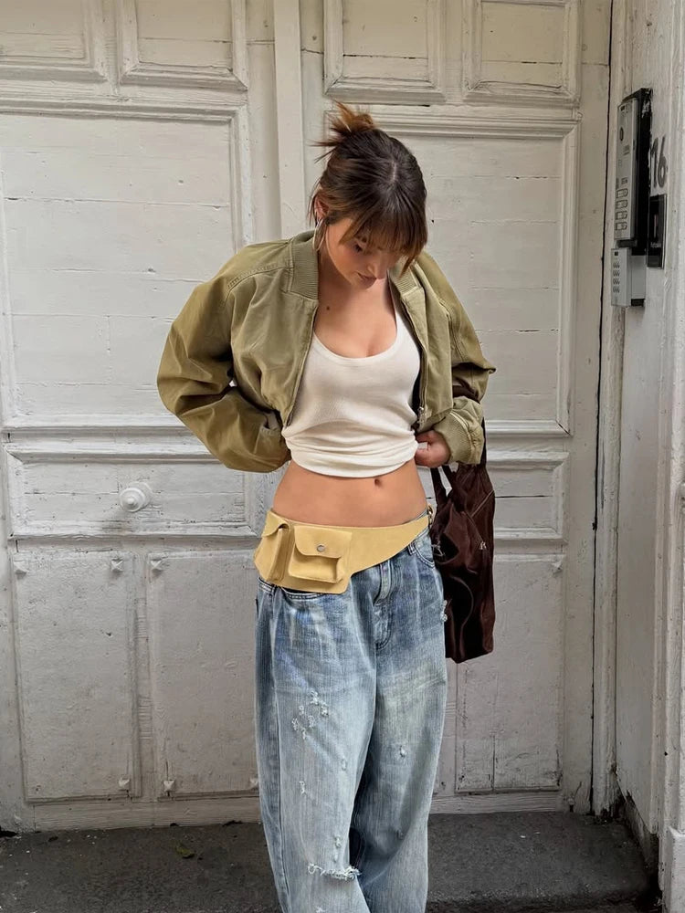Cropped Bomber Short Jackets Women Solid Folded Hem Zipper Pockets Full Sleeves Coats Women Lady Casual Daily Street Outwear New by Trenches of Mariana