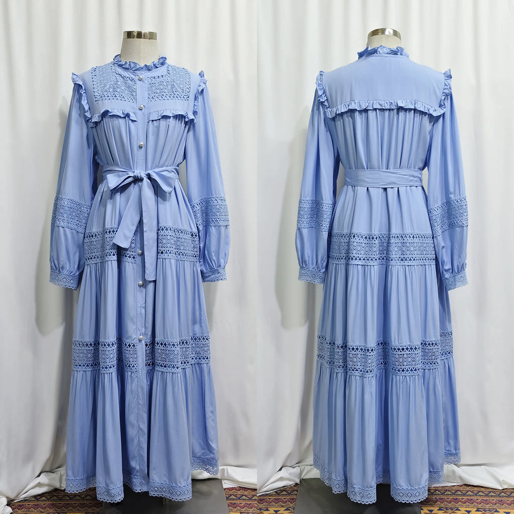 Women’s lace dress by Trenches of Mariana featuring a long, elegant Eid Muslim abaya with lace-up details and intricate design.