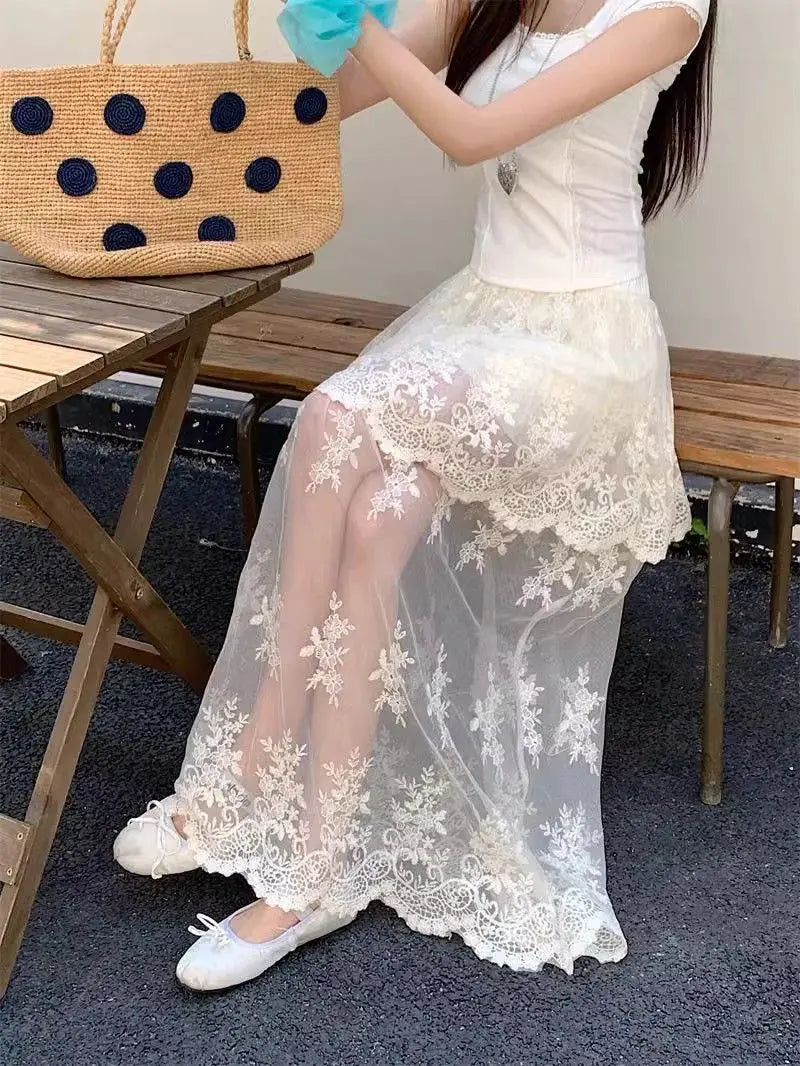 French Retro lace skirt for women by Trenches of Mariana, elegant summer A-line skirt with mesh splicing detail.