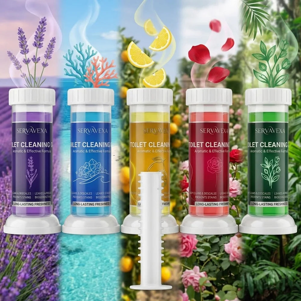 Trenches of Mariana SERVAVEXA 5-piece toilet cleaning gel kit with aromatic flower scent, includes stain and limescale remover, deodorizer