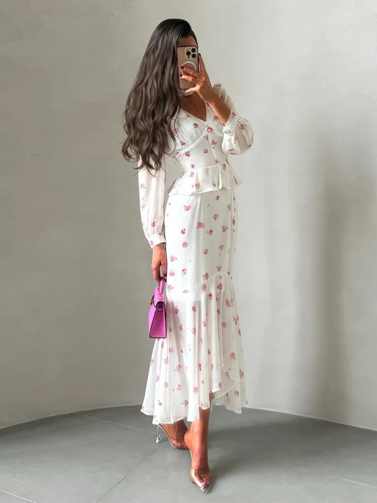 Women Elegant Printed V-neck Dress Chic Lapel Waist Cinched Pleated High Waisted Dresses 2026 Summer New Lady Vacation Gowns by Trenches of Mariana
