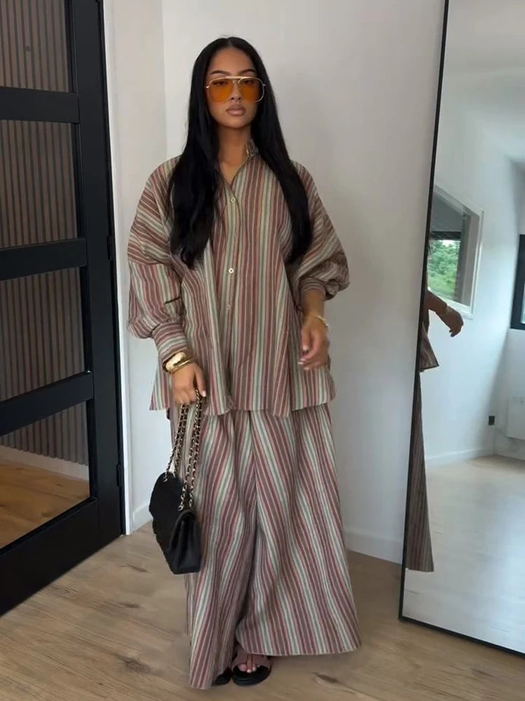 Fashion Stripe Long Pants Set Women Chic Lapel Single Breasted Shirt High Waist Wide Leg Trousers 2026 Spring New 2 Pcs Outfits by Trenches of Mariana