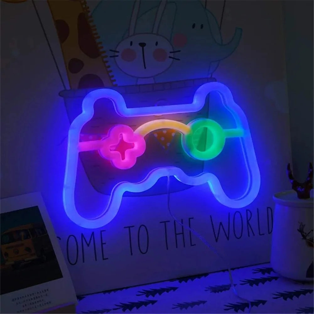 USB LED neon light in the shape of a game console, branded Trenches of Mariana, illuminated with vibrant colors.