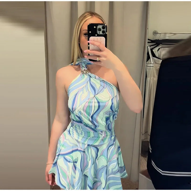 Swirl Print Women's Mini Dress Sexy Halter Neck Sleeveless Backless Ruffles Dresses Female 2026 Summer Fashion Beach Vestidos by Trenches of Mariana