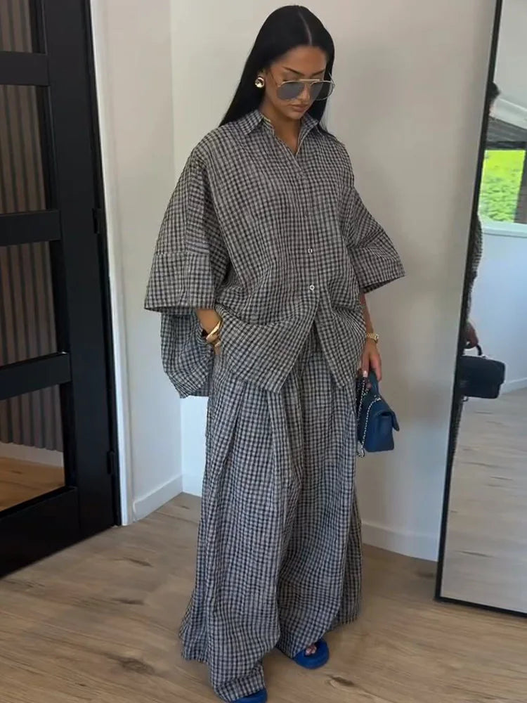 Fashion Stripe Long Pants Set Women Chic Lapel Single Breasted Shirt High Waist Wide Leg Trousers 2026 Spring New 2 Pcs Outfits by Trenches of Mariana