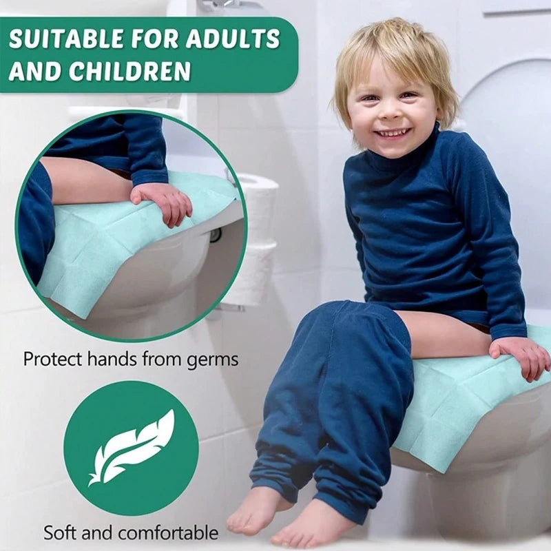 Pack of 10 disposable waterproof toilet seat covers by Trenches of Mariana, portable paper mats for travel and home bathroom use.