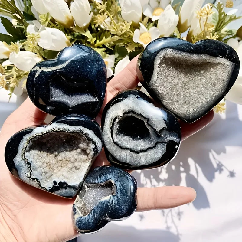 1pc Black Agate Heart-Shaped Geode Crystal - Hand-Carved Bohemian for Home Decor & Special Occasions by Trenches of Mariana