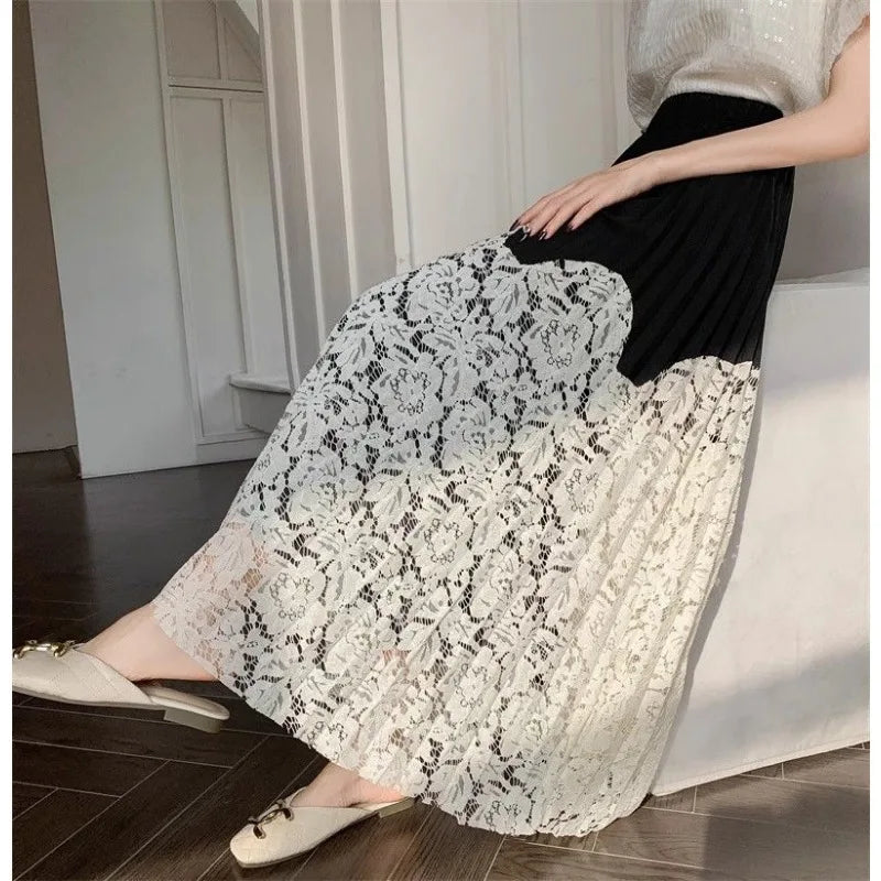Trenches of Mariana women's French lace stitching pleated high-waist summer long skirt, cover-up with elegant design