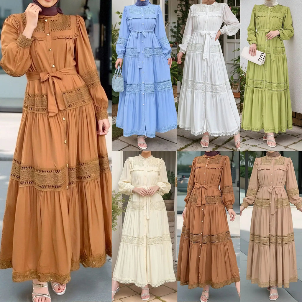 Women’s lace dress by Trenches of Mariana featuring long, elegant Moroccan-inspired Eid abaya and Ramadan robe with lace-up front.
