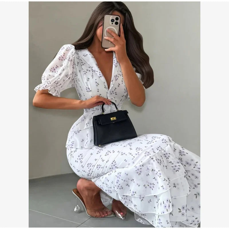 Women Elegant Printed V-neck Dress Chic Lapel Waist Cinched Pleated High Waisted Dresses 2026 Summer New Lady Vacation Gowns by Trenches of Mariana
