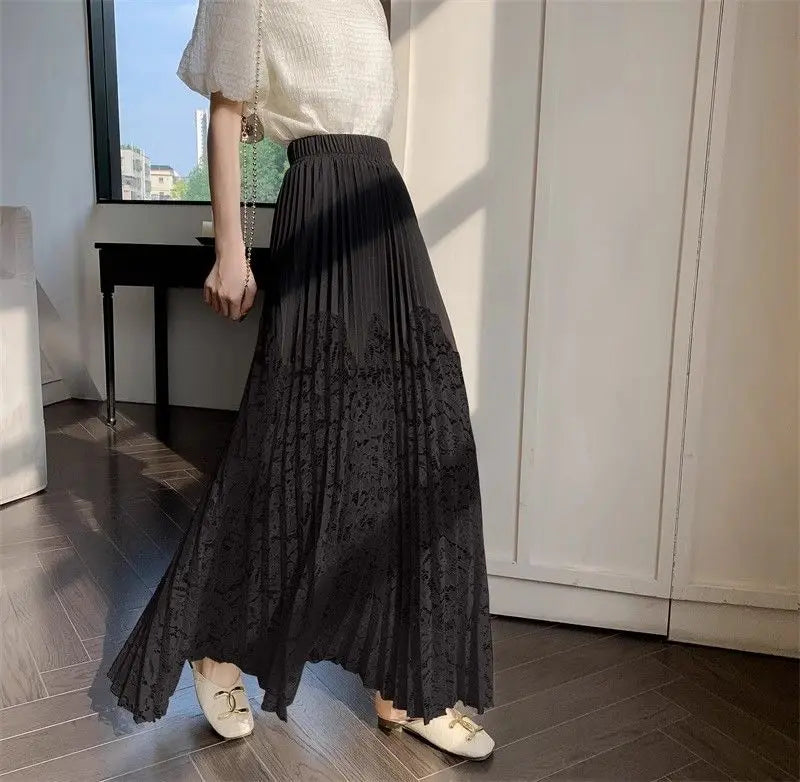 Trenches of Mariana women's summer high-waist pleated skirt with French lace stitching, long cover-up skirt in a stylish design.