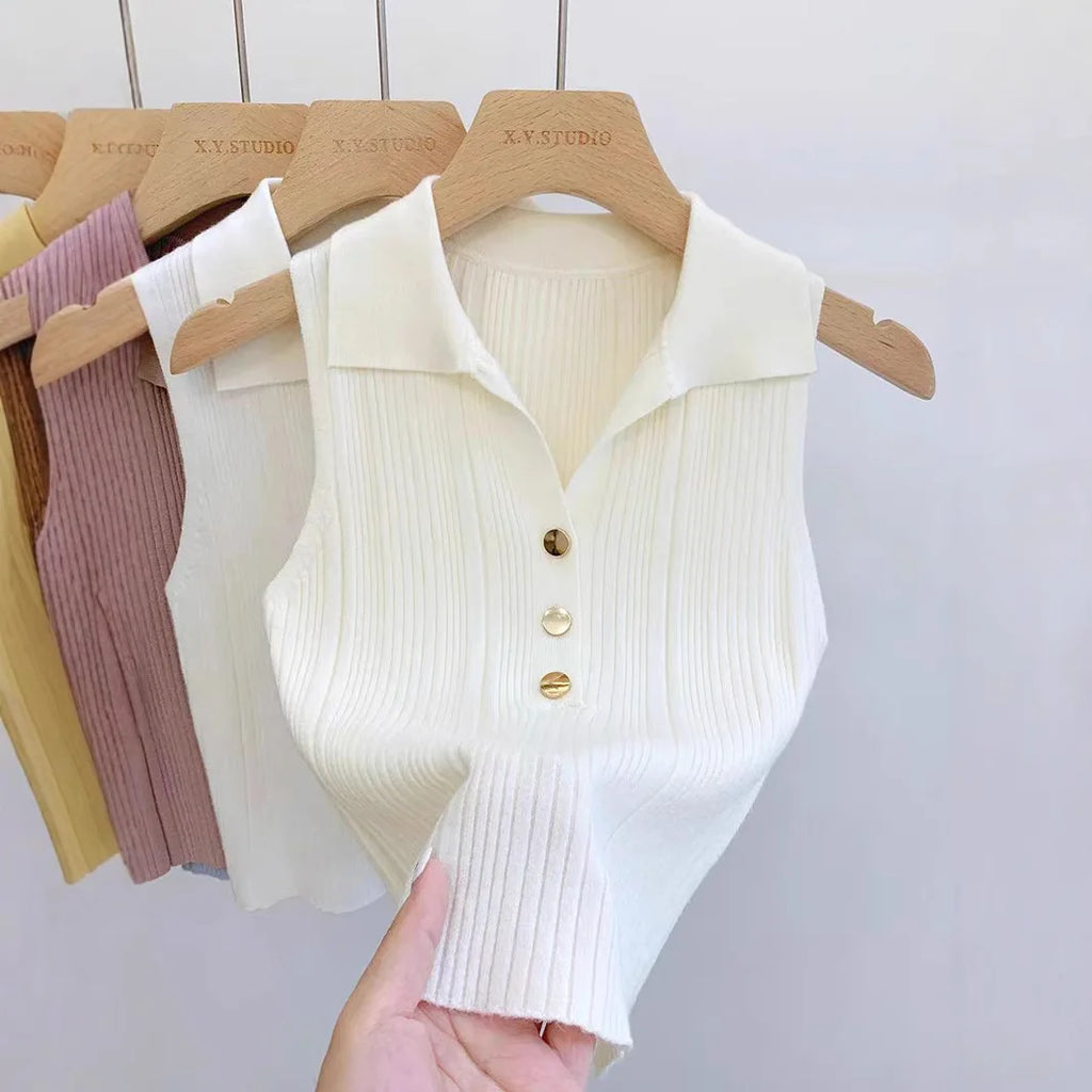 Summer Turn Down Collar Gold Button Slim Knitted Sweater Vests Elegant Knitwear Tank Tops BSTFSC-m1948 by Trenches of Mariana