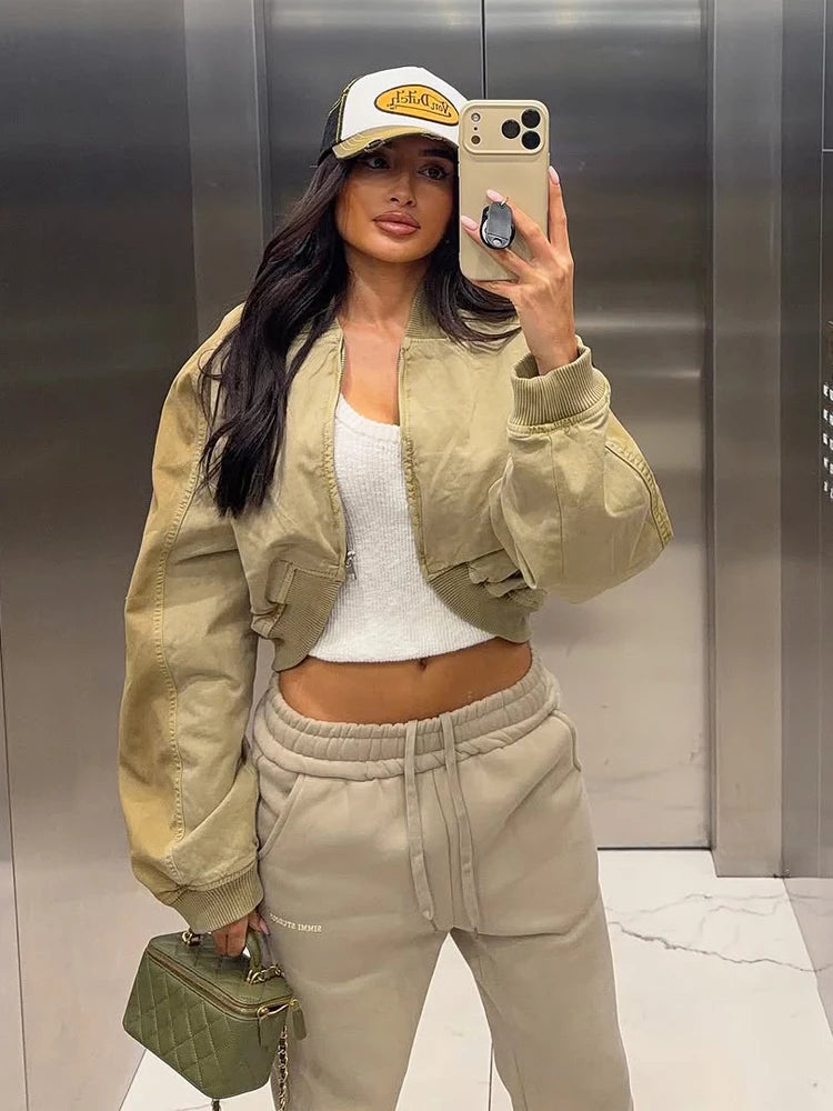 Cropped Bomber Short Jackets Women Solid Folded Hem Zipper Pockets Full Sleeves Coats Women Lady Casual Daily Street Outwear New by Trenches of Mariana