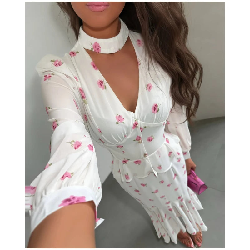 Women Elegant Printed V-neck Dress Chic Lapel Waist Cinched Pleated High Waisted Dresses 2026 Summer New Lady Vacation Gowns by Trenches of Mariana