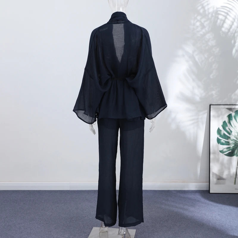 Fashion Stripe Long Pants Set Women Chic Lapel Single Breasted Shirt High Waist Wide Leg Trousers 2026 Spring New 2 Pcs Outfits by Trenches of Mariana