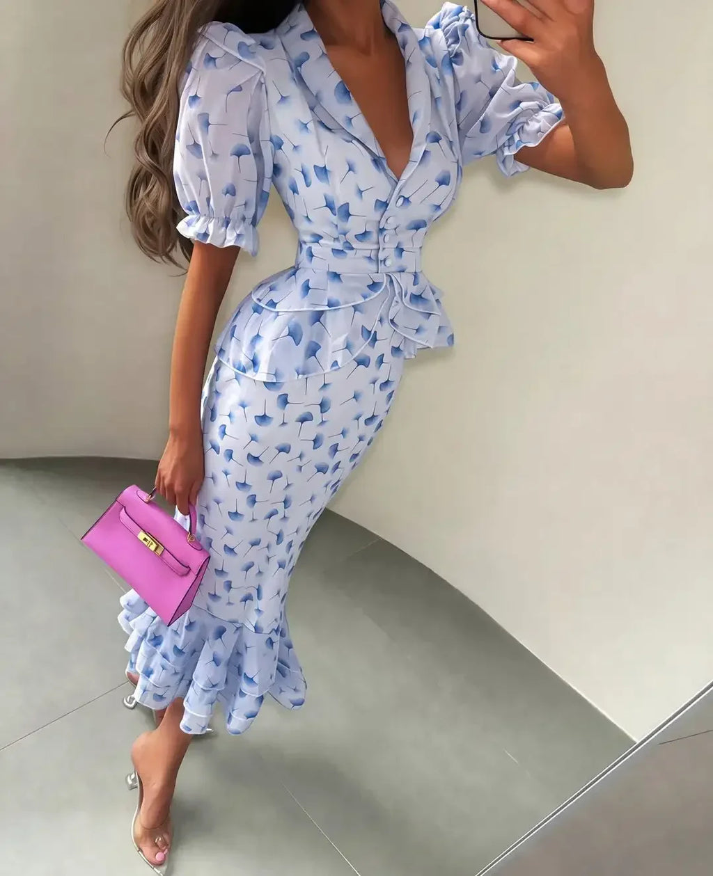 Women Elegant Printed V-neck Dress Chic Lapel Waist Cinched Pleated High Waisted Dresses 2026 Summer New Lady Vacation Gowns by Trenches of Mariana