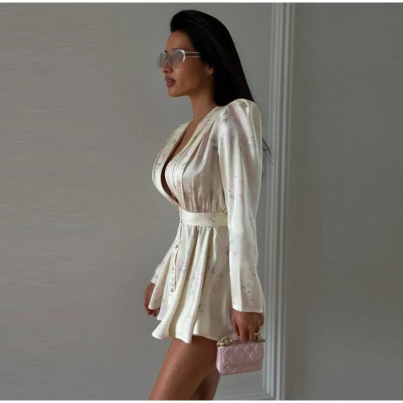 Print Women Dress Deep V Mini Dress Puff Sleeve High Waist Dress Two Piece Outfit With Waistband Elegant Slim Fit Outfit by Trenches of Mariana