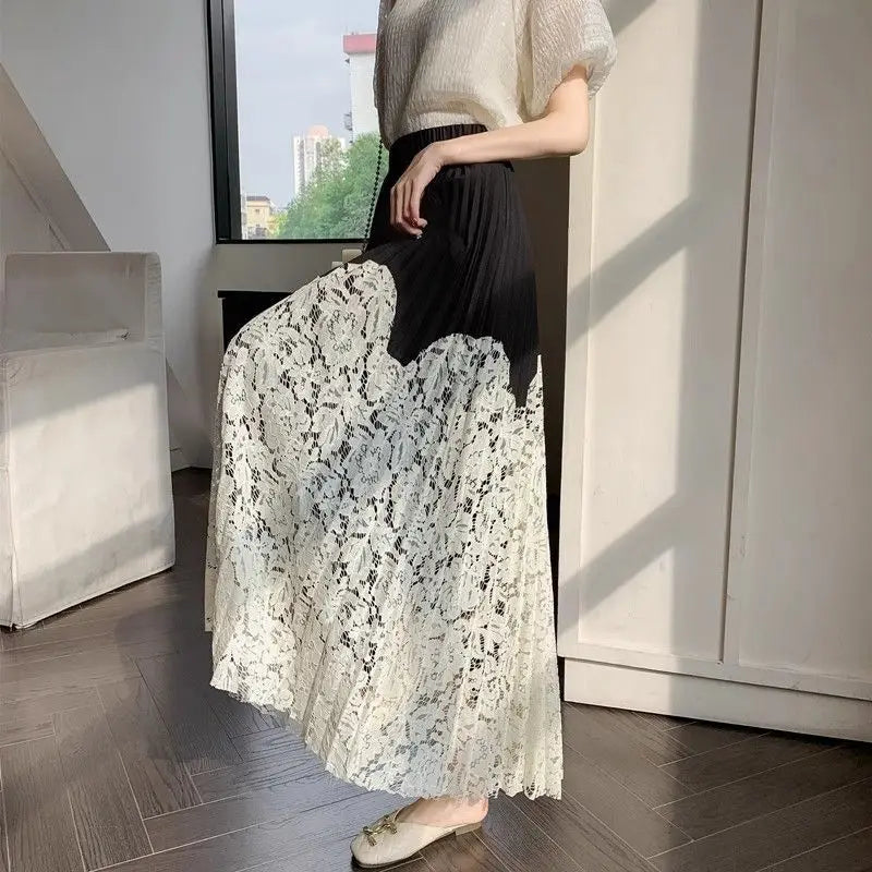 Women’s high waist French lace stitching pleated summer skirt by Trenches of Mariana, long cover-up skirt with elegant detailing.