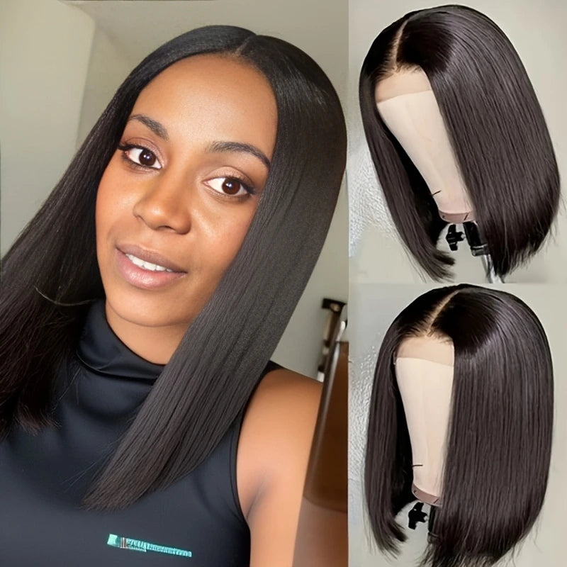 13*4 Front Lace Bob Hairstyle, Natural Black Color, 180% Density Natural Hairline, Pre-Sewn and Pre-Stretched. Transparent Lace