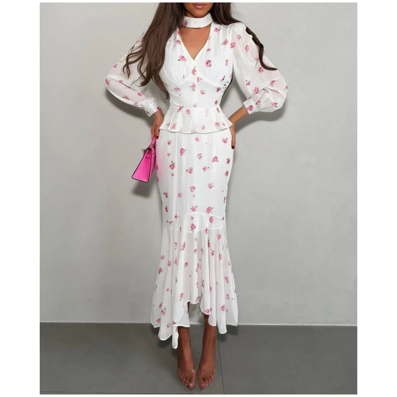Women Elegant Printed V-neck Dress Chic Lapel Waist Cinched Pleated High Waisted Dresses 2026 Summer New Lady Vacation Gowns by Trenches of Mariana