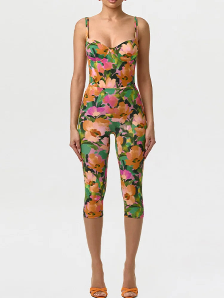 Trendy Bright Set Floral Print Spicy Girls Bodysuit Mid-calf Leggings Slim Fit Women Summer Party Chic Beach Festival Outfits by Trenches of Mariana