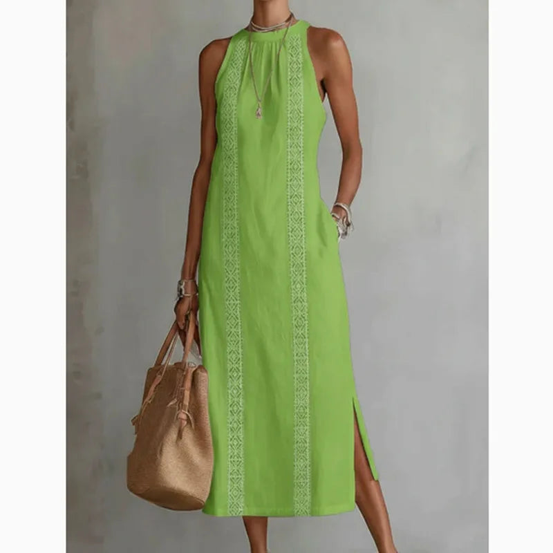 Elegant women's lace slit dress by Trenches of Mariana featuring sleeveless cotton and linen fabric, round neck, and solid color A-line design.