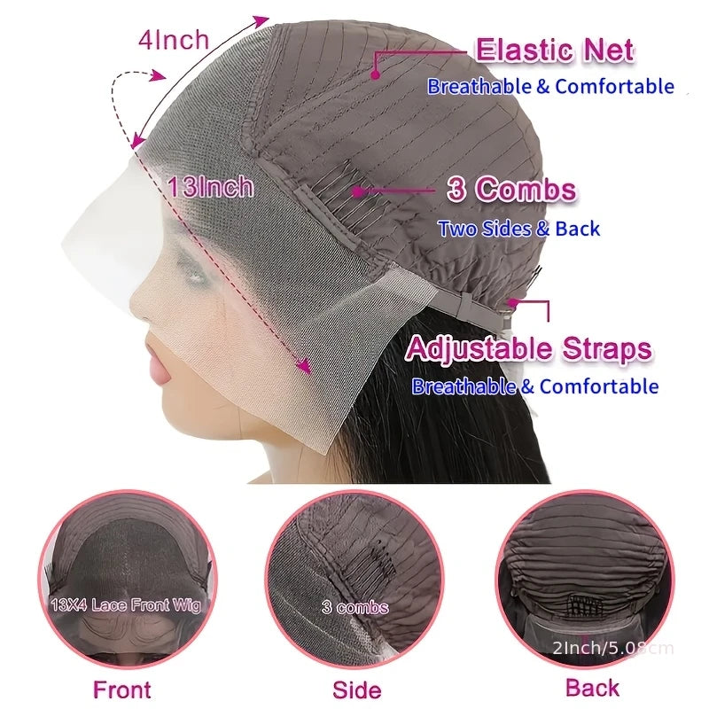13*4 Front Lace Bob Hairstyle, Natural Black Color, 180% Density Natural Hairline, Pre-Sewn and Pre-Stretched. Transparent Lace